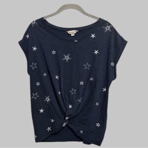 Lucky Brand Navy Short Sleeve T Shirt Top White Embroiled Stars Everyday Size M